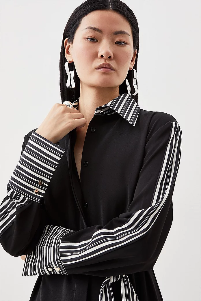 Stripe Twill Woven Belted Midi Shirt Dress | Karen Millen Stripe Twill Woven Belted Midi Shirt Dress | Karen Millen