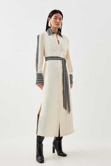 Stripe Twill Woven Belted Midi Shirt Dress ivory