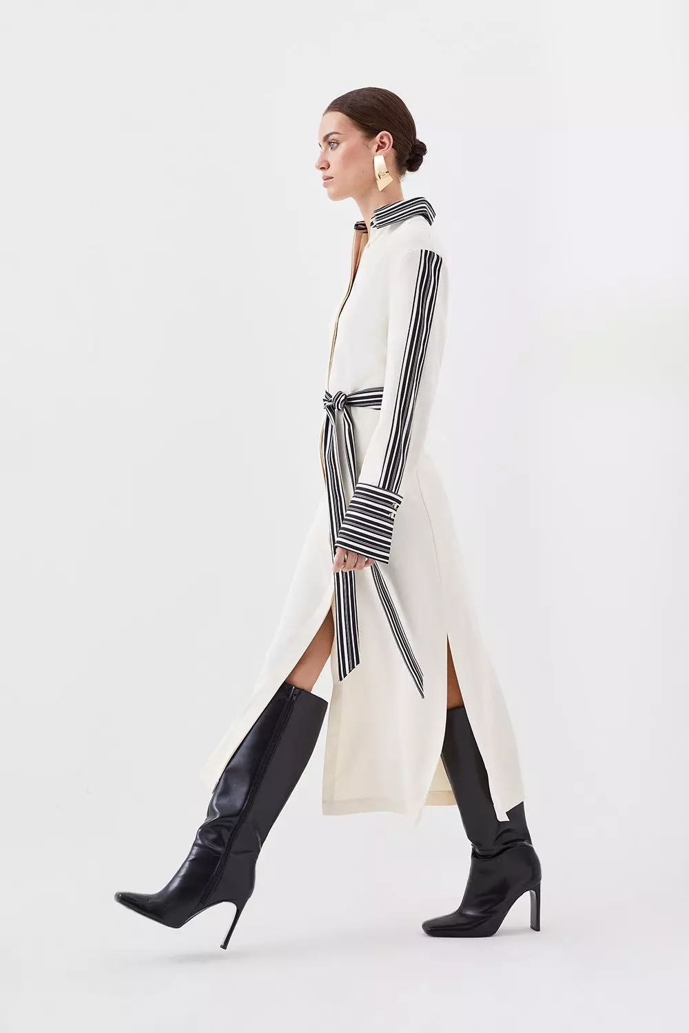 Petite Stripe Twill Belted Woven Midi Shirt Dress | Karen Millen