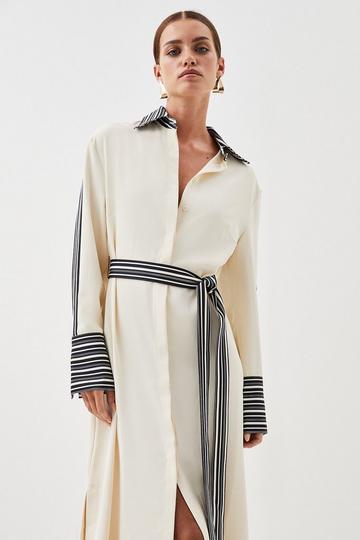 Petite Stripe Twill Belted Woven Midi Shirt Dress mono