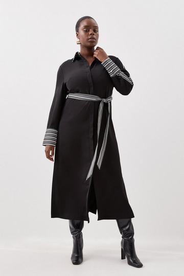 Plus Size Stripe Twill Belted Woven Midi Shirt Dress black