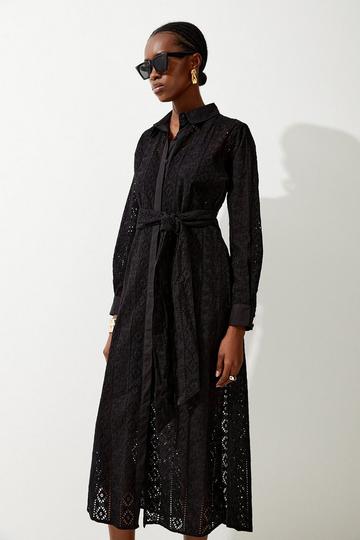 Black Cotton Broderie Belted Woven Midi Dress