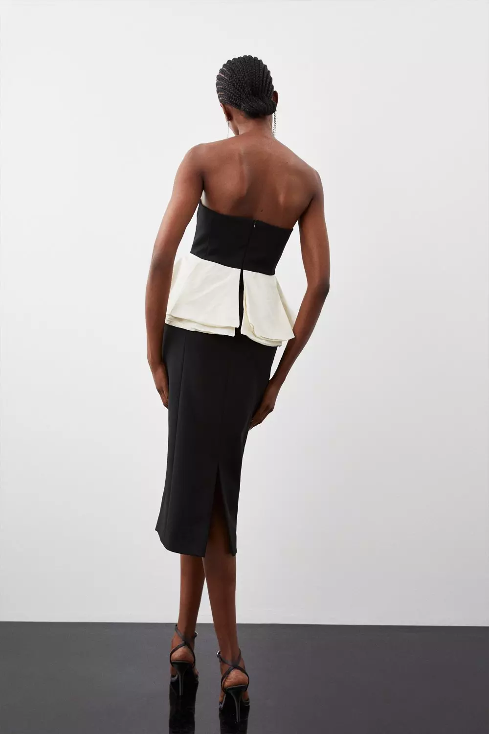 Compact Stretch Double Ruffle Bandeau Midi Dress | Karen Millen