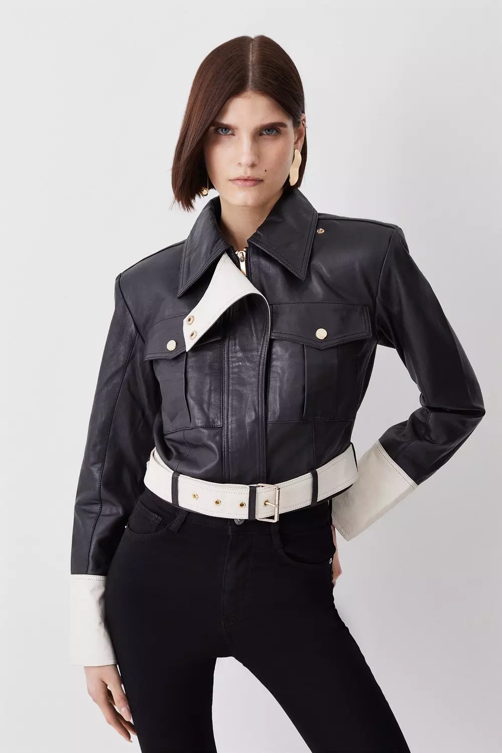 Leather Contrast Cropped Biker Jacket Karen Millen