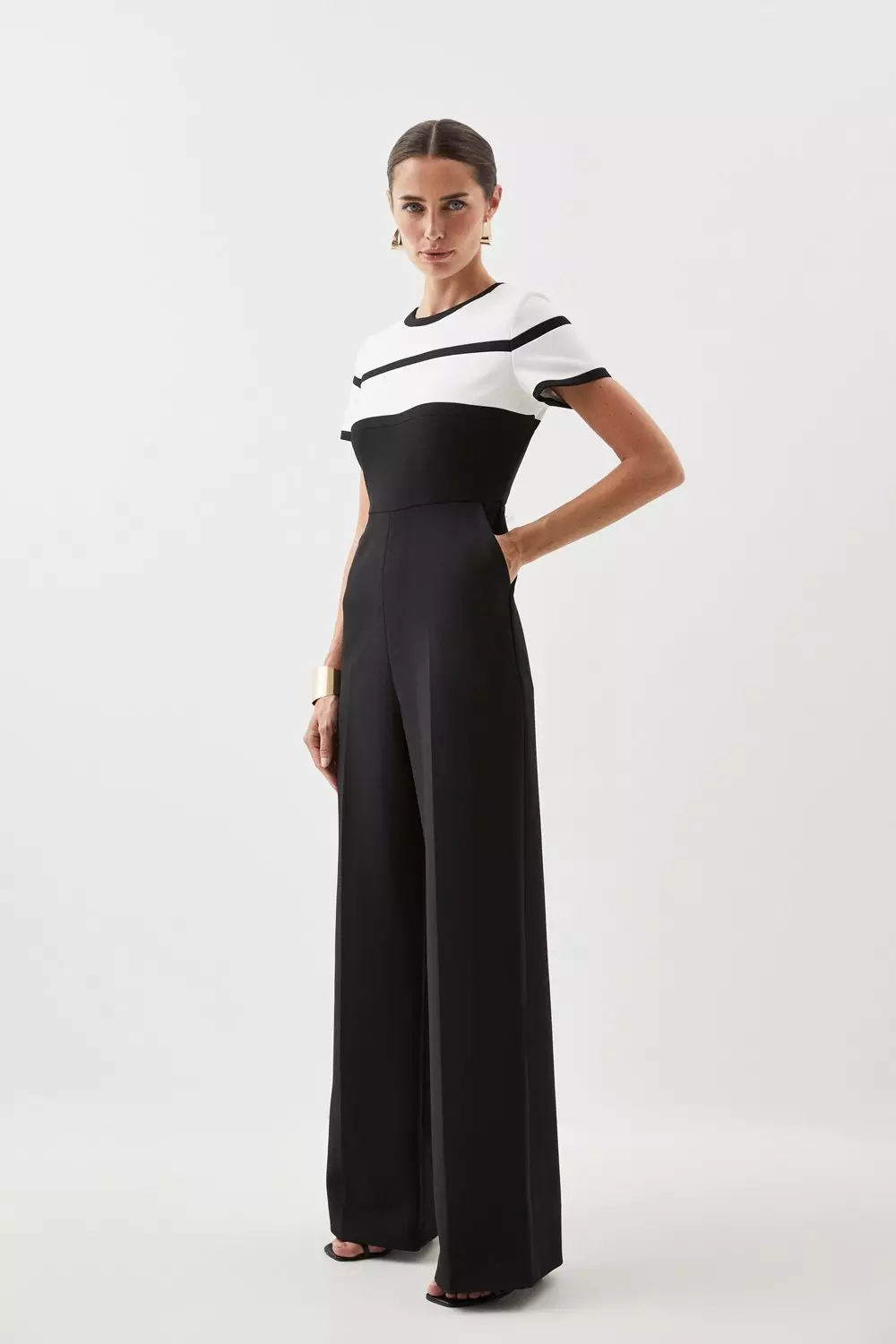 Compact Stretch Contrast Belted Jumpsuit Karen Millen