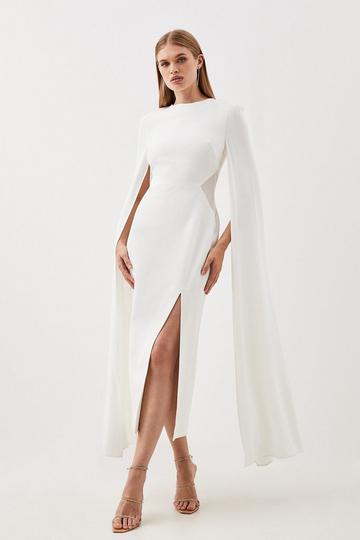 Tailored Compact Stretch Viscose Cape Mesh Panel Midi Dress ivory