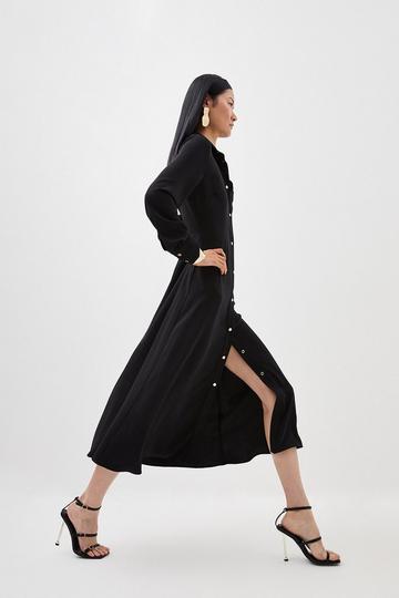 Black Soft Tailored Cut Out Back Detail Midi Shirt Dress