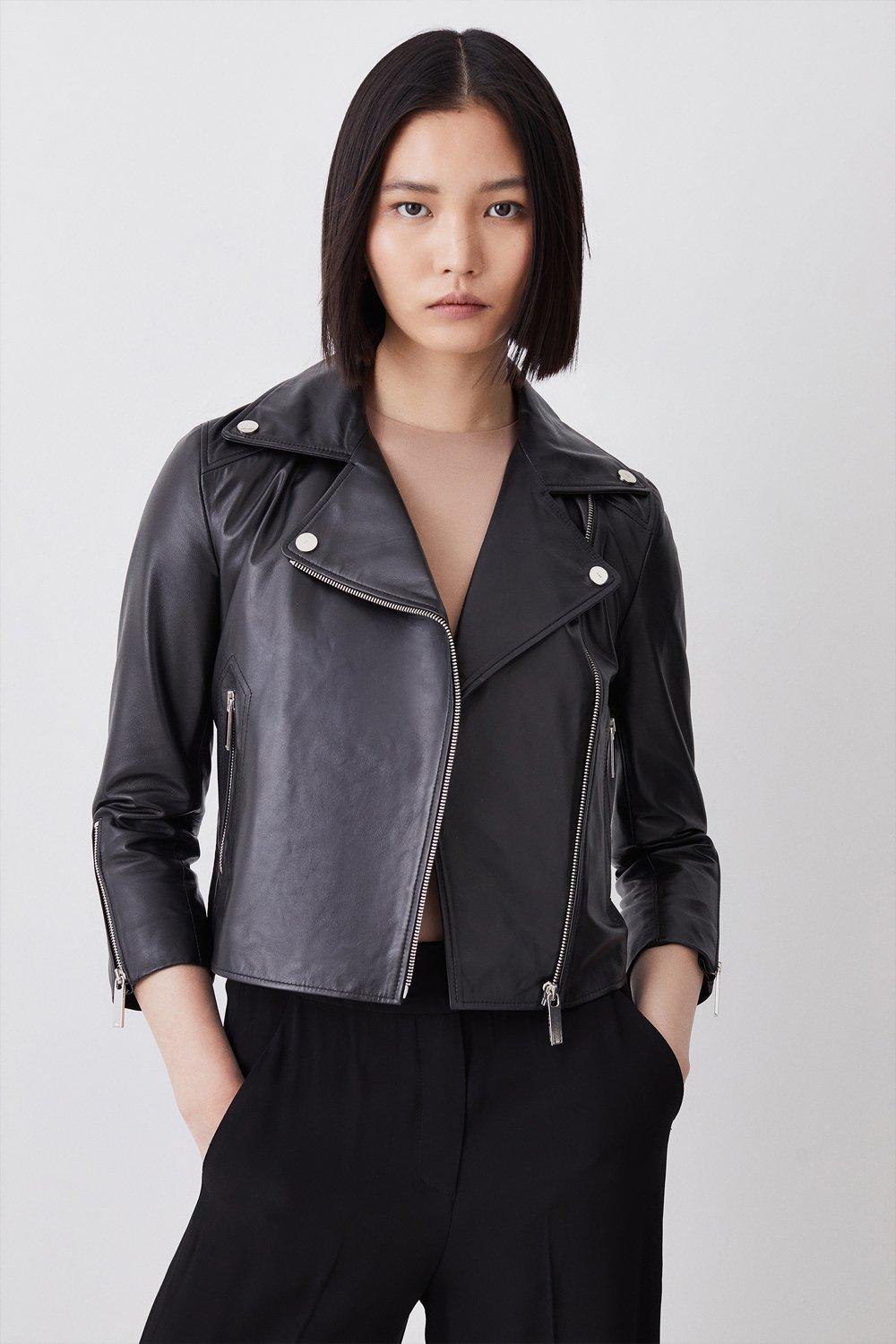 Petite Leather Shrunken Biker Jacket Karen Millen