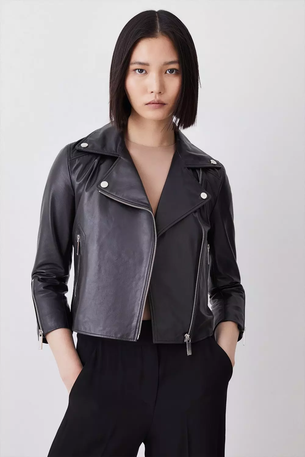 Petite Leather Shrunken Biker Jacket Karen Millen