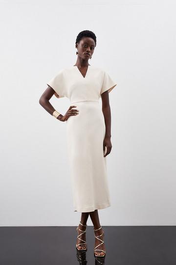 Cream White Compact Stretch Seamed Detail Rounded Sleeve Midi Dress