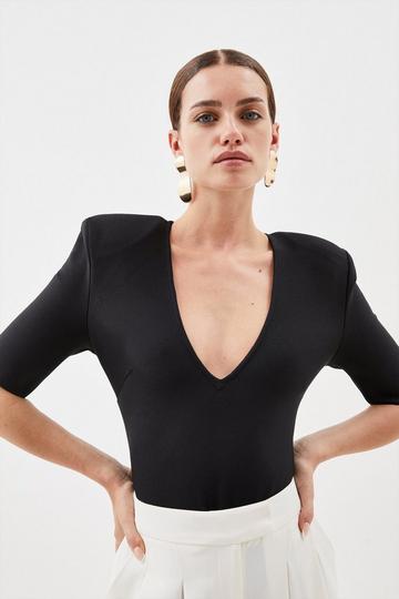 Black Petite V Neck Bandage Knit Bodysuit