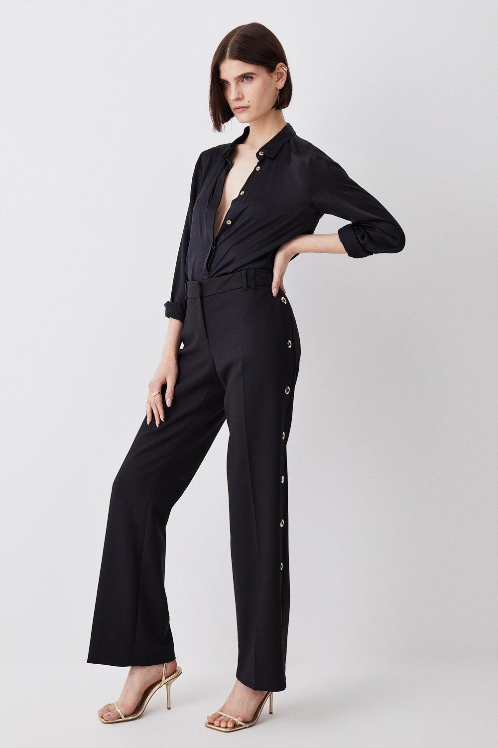 Petite Compact Stretch Eyelet Detail Pants | Karen Millen