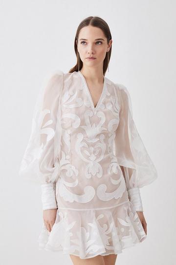 White Tall Applique Organdie Buttoned Woven Mini Dress