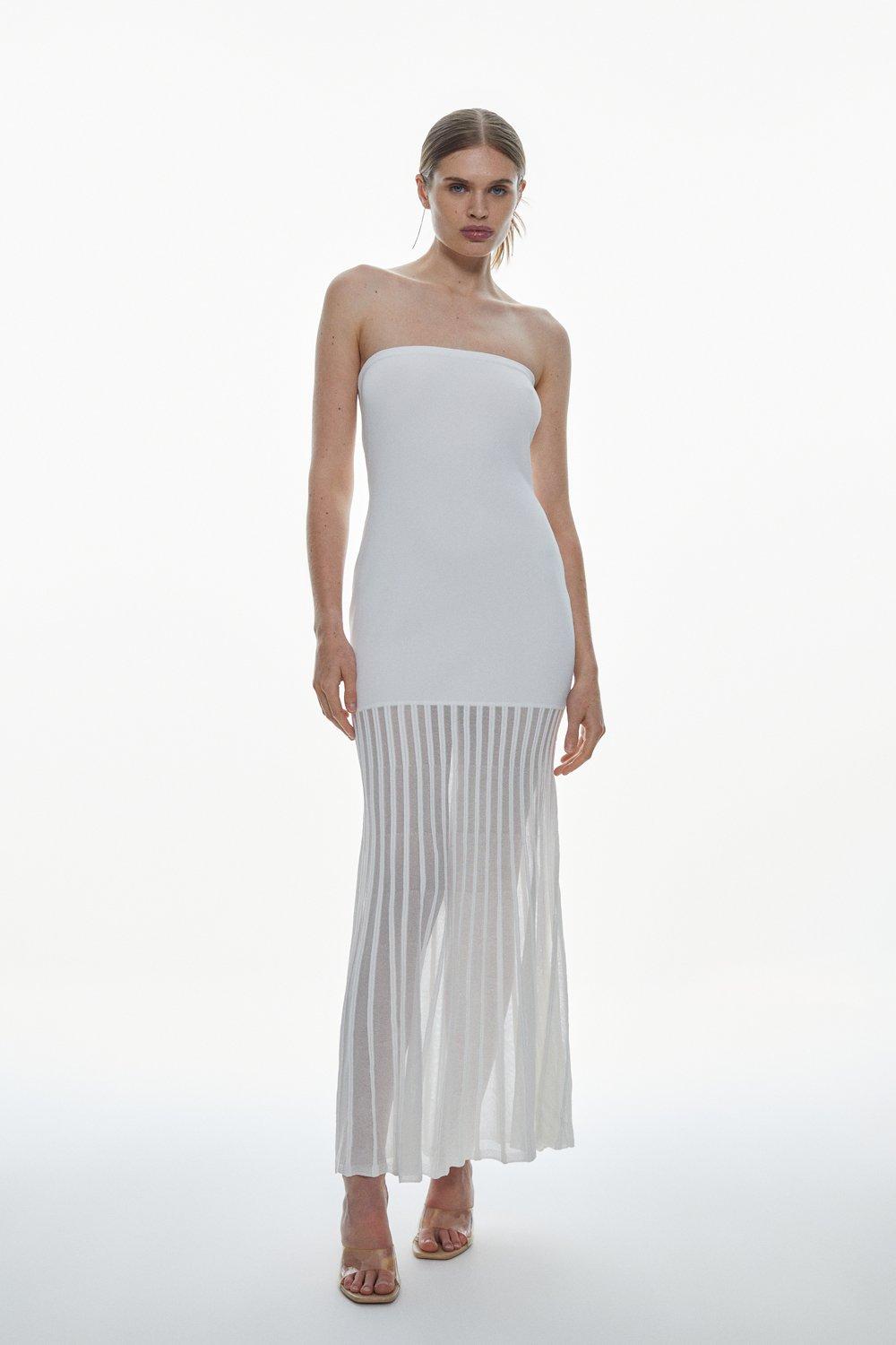 Viscose Blend Sheer Knit Bandeau Pleated Skirt Midaxi Dress | Karen Millen