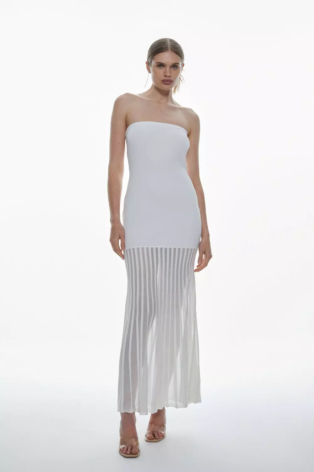 Viscose Blend Sheer Knit Bandeau Pleated Skirt Midaxi Dress | Karen Millen