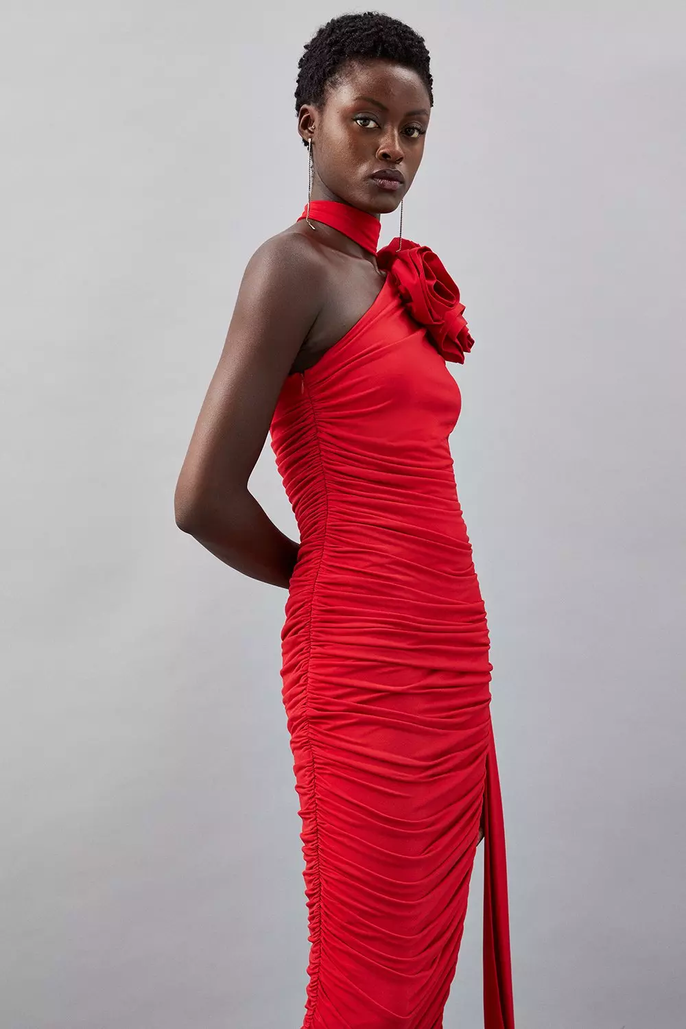 Drapey Ruched Jersey Rosette Midi Dress | Karen Millen