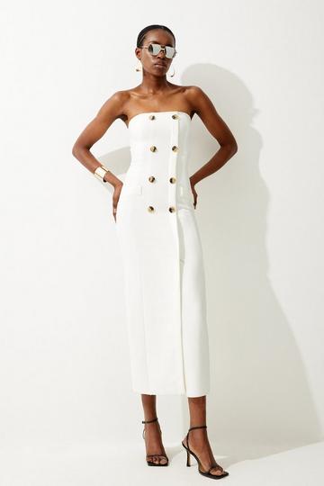 Cream White Bandage Button Bandeau Midi Dress
