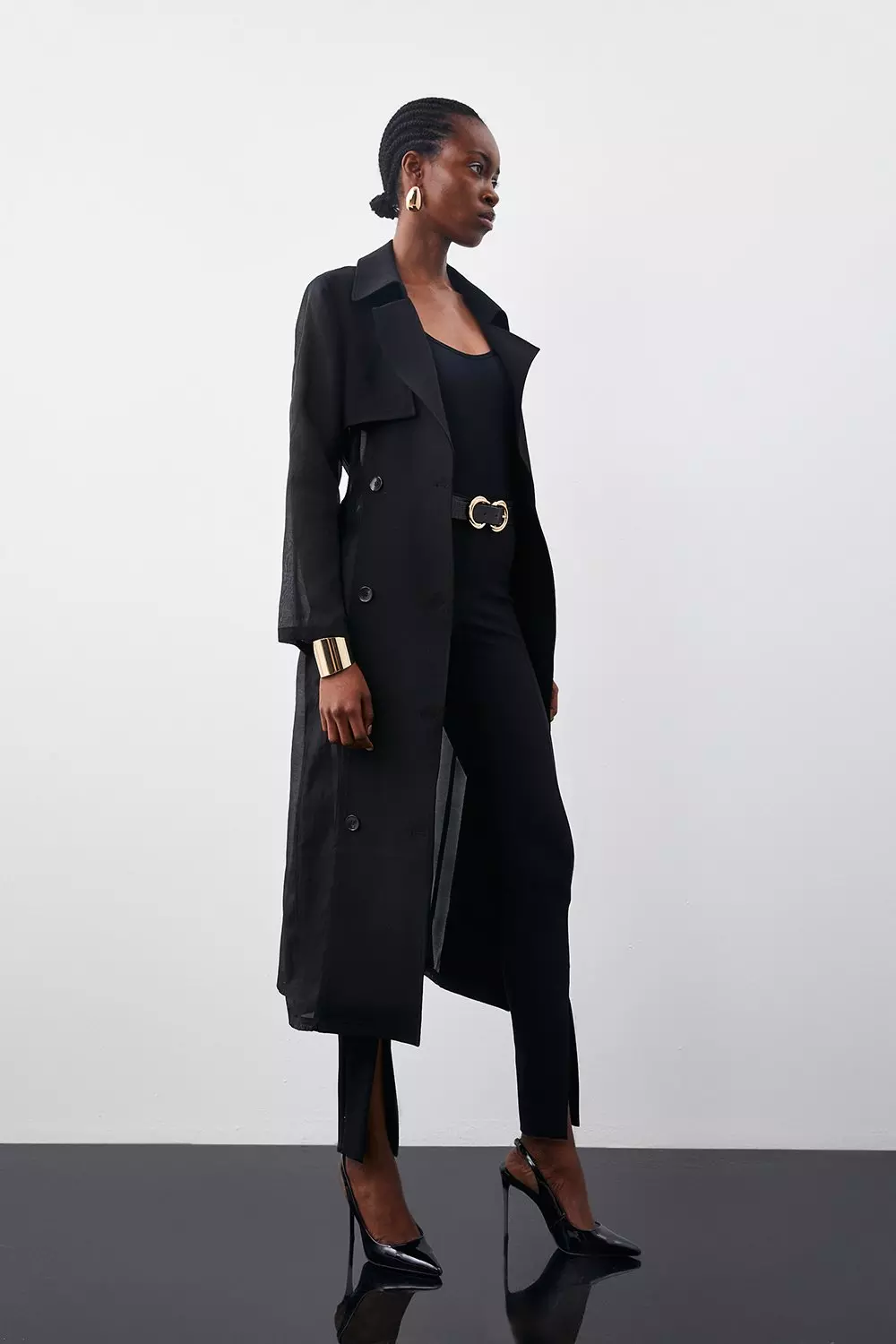 Sheer Panel Detailed Belted Trench Coat | Karen Millen