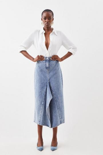 Tailored Asymmetric Maxi Denim Skirt mid wash