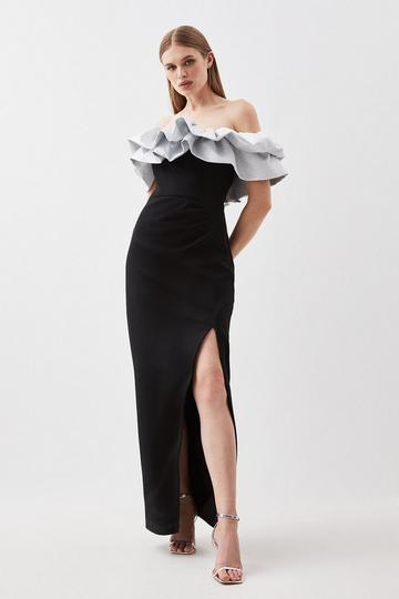 Black Structured Crepe Jacquard Ruffle Off The Shoulder Maxi Dress