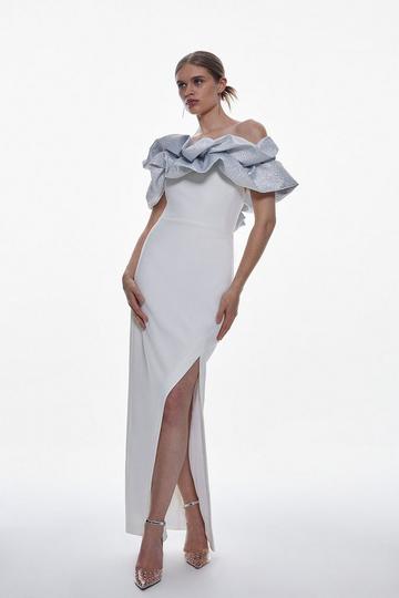 Structured Crepe Jacquard Ruffle Off The Shoulder Maxi Dress ivory