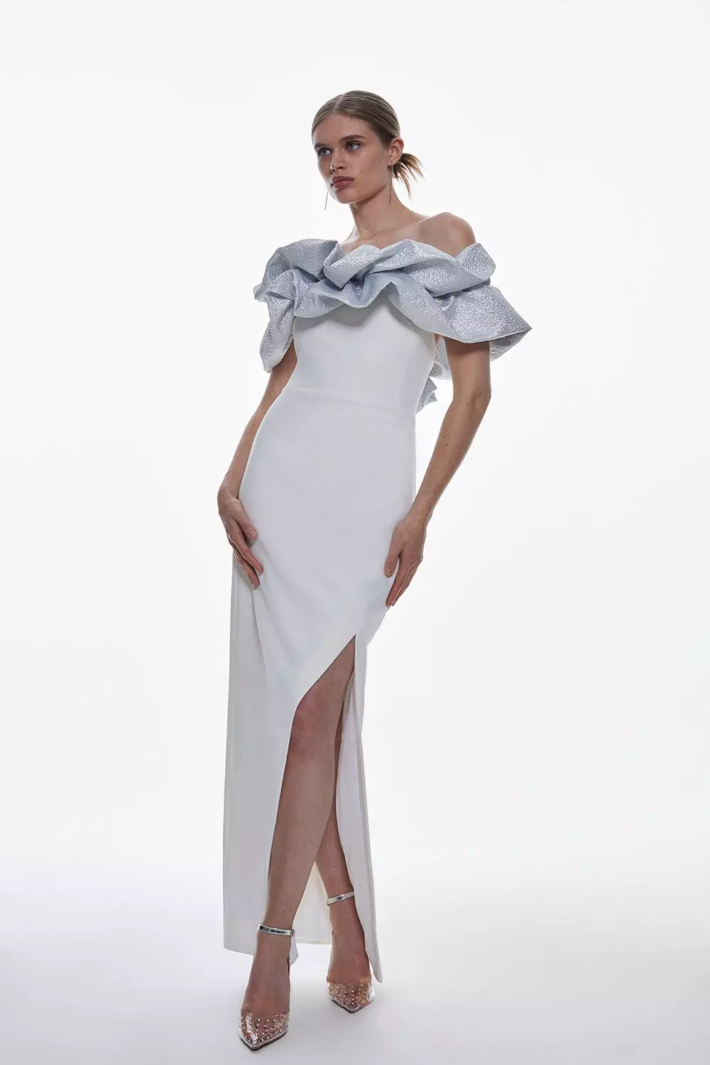 Structured Crepe Jacquard Ruffle Bardot Maxi Dress | Karen Millen
