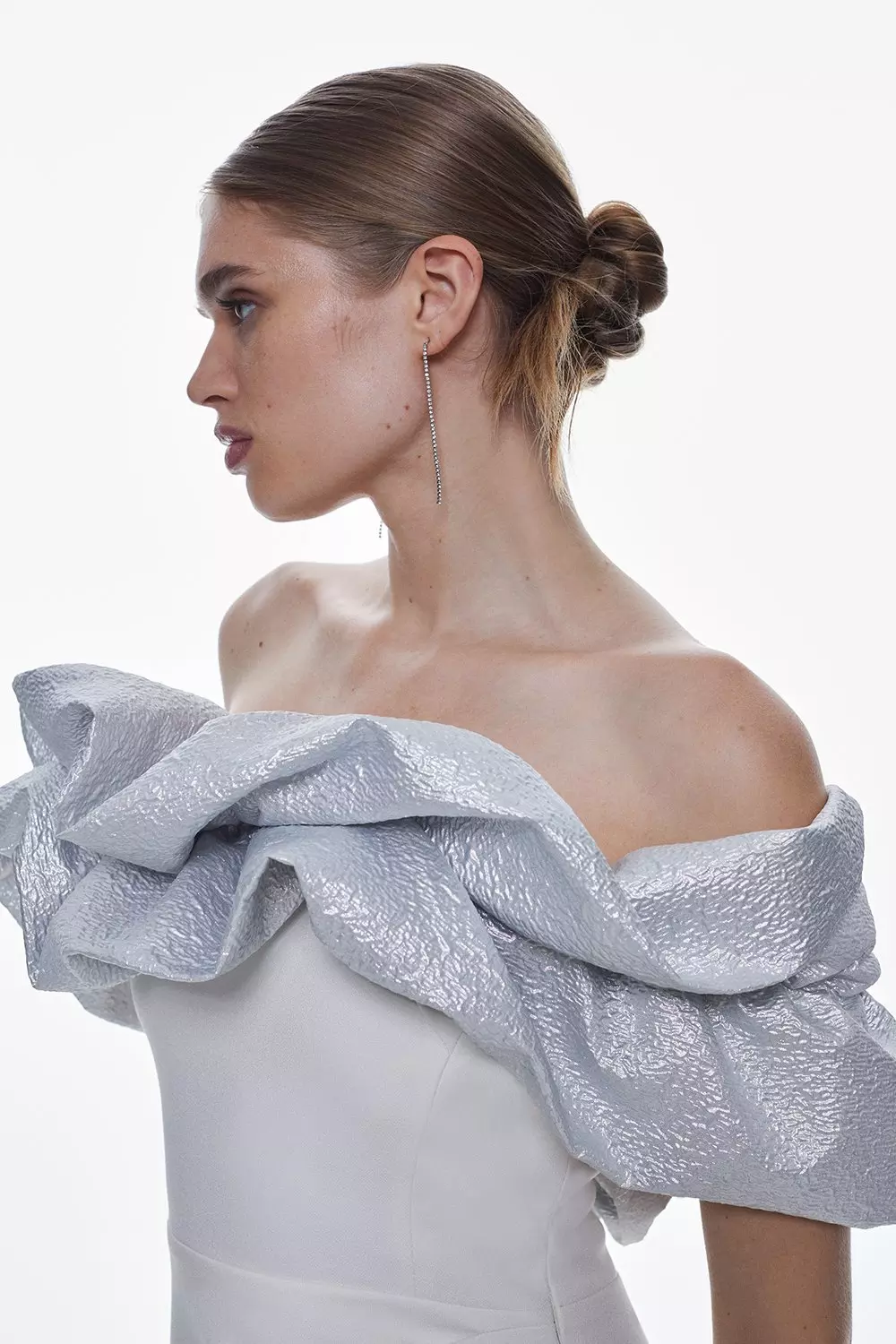 Structured Crepe Jacquard Ruffle Off The Shoulder Maxi Dress | Karen Millen