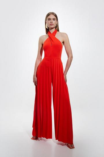 Soft Tailored Full Pleated Halter Neck Jumpsuit tomato red