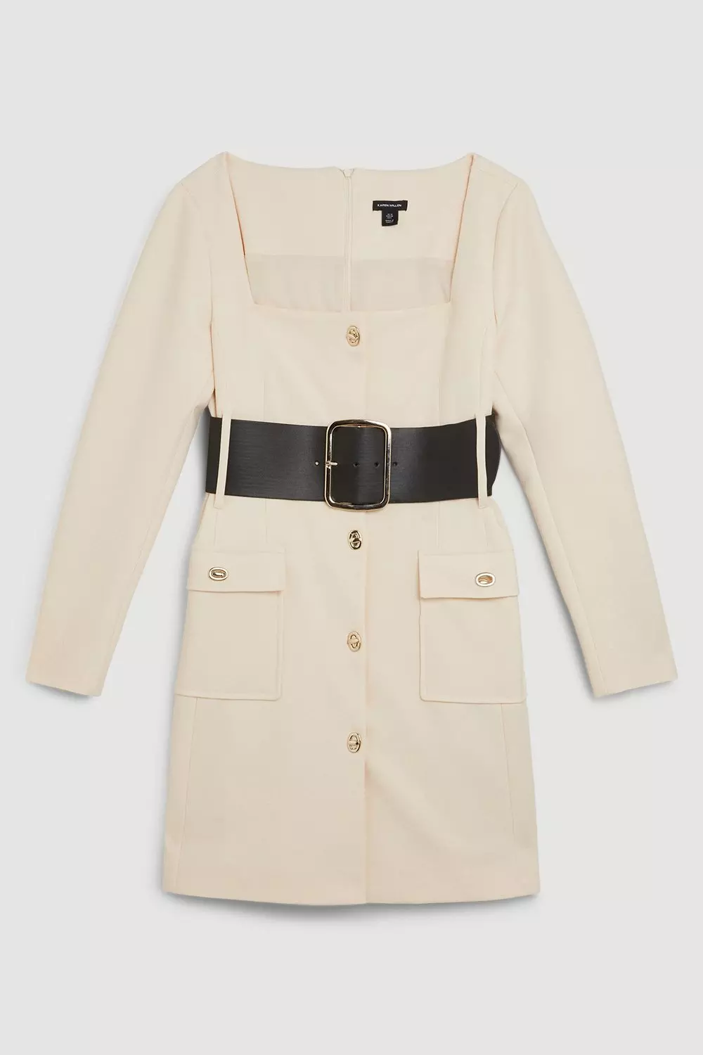 Compact Stretch Belted Trim Detail Sleeved Mini Dress