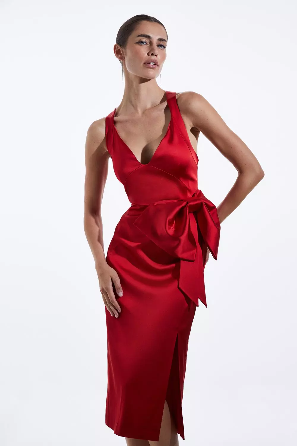 Red Italian Satin Bow Detail Cross Back Midi Dress alternative image