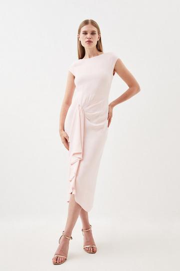 Compact Stretch Viscose Cap Sleeve Drape Detail Tailored Midi Dress blush