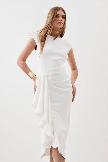 Compact Stretch Viscose Cap Sleeve Drape Detail Tailored Midi Dress ivory