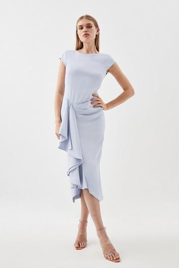 Compact Stretch Viscose Cap Sleeve Drape Detail Tailored Midi Dress pale blue