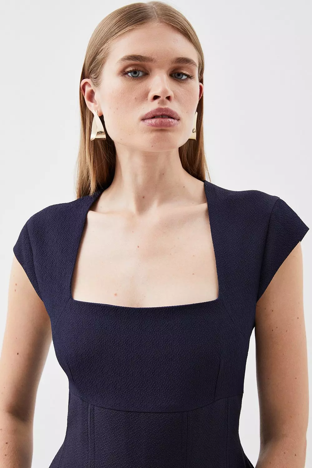 Textured Square Neck Cap Sleeve Full Skirt Tailored Midi Dress Karen Millen