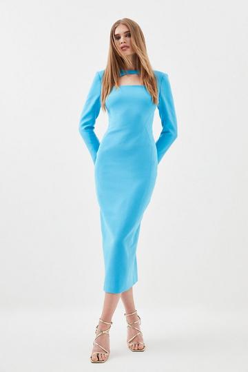 Tall Compact Stretch Cut Out Sleeved Tailored Pencil Dress aqua