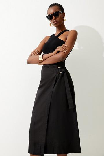 Black Viscose Linen Asymmetric Midi Skirt