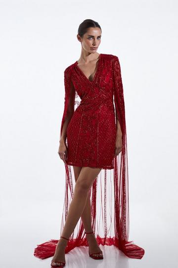 Tall Embellished Mini Dress With Cape red