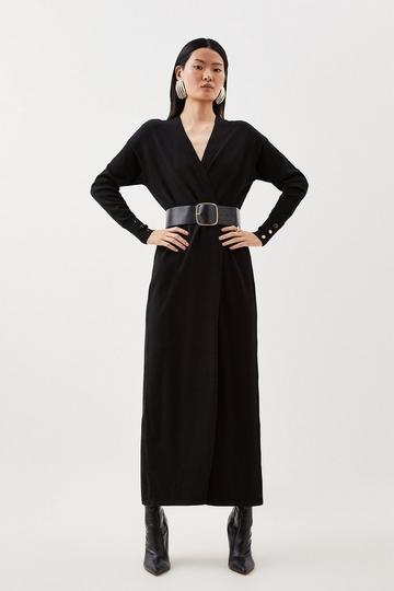 Black Viscose Blend Knit Belted Maxi Cardigan