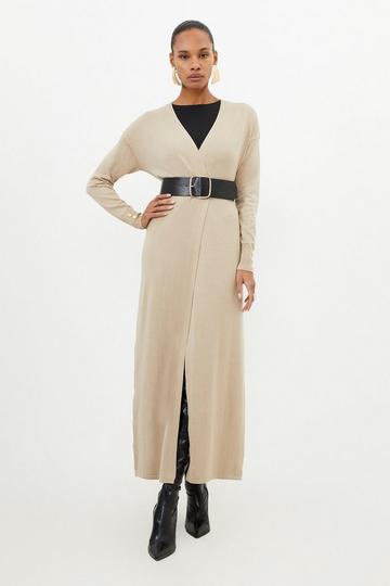 Viscose Blend Knit Belted Maxi Cardigan oatmeal