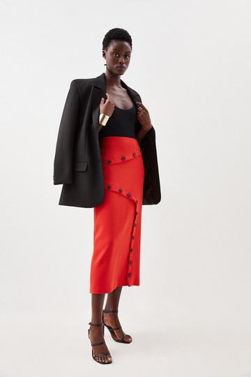 Red Compact Stretch Asymmetric Button Midi Skirt