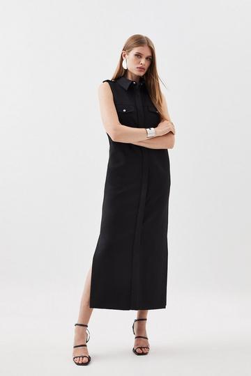 Black Compact Stretch Tailored Column Shirt Midi Dress