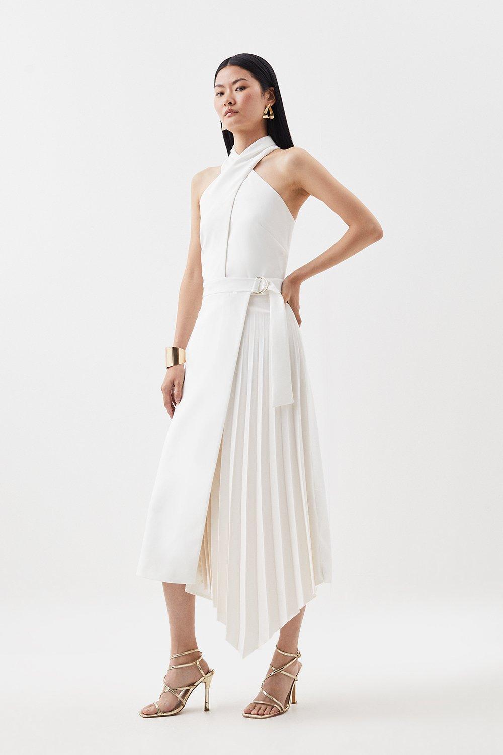 Compact Stretch Halter Neck Pleat Detail Midi Dress | Karen Millen