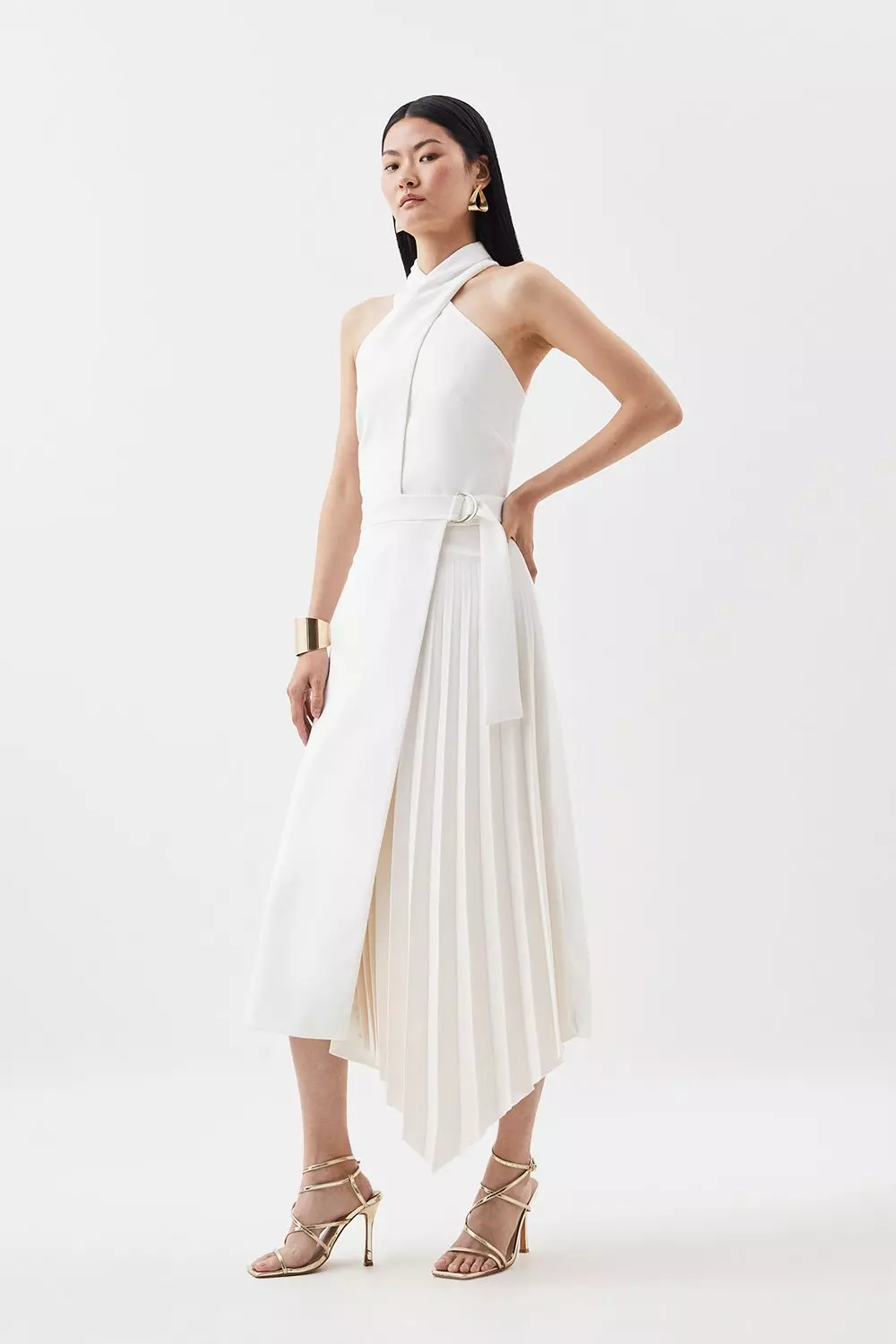 Compact Stretch Halter Neck Pleat Detail Midi Dress Karen Millen