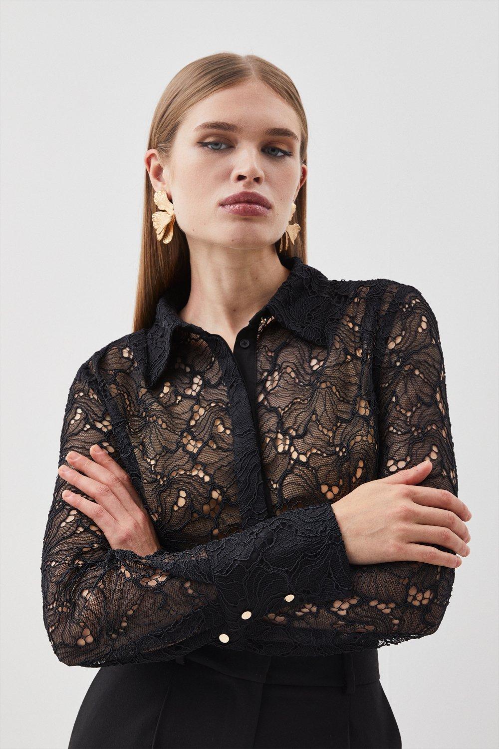 Black Lace Button Down Woven Shirt