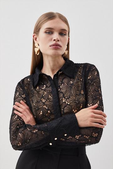 Lace Button Down Woven Shirt black