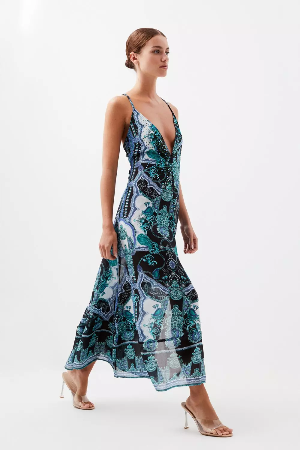 Petite Embellished Mirrored Print Strappy Maxi Beach Dress Karen Millen