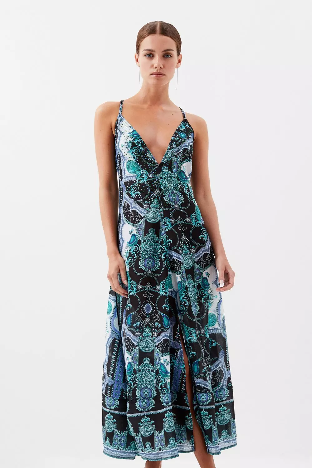 きかい123Shinzone MIRROR リネン100% 紺ブレ　38 Petite Embellished Mirrored Print Strappy Maxi Beach Dress