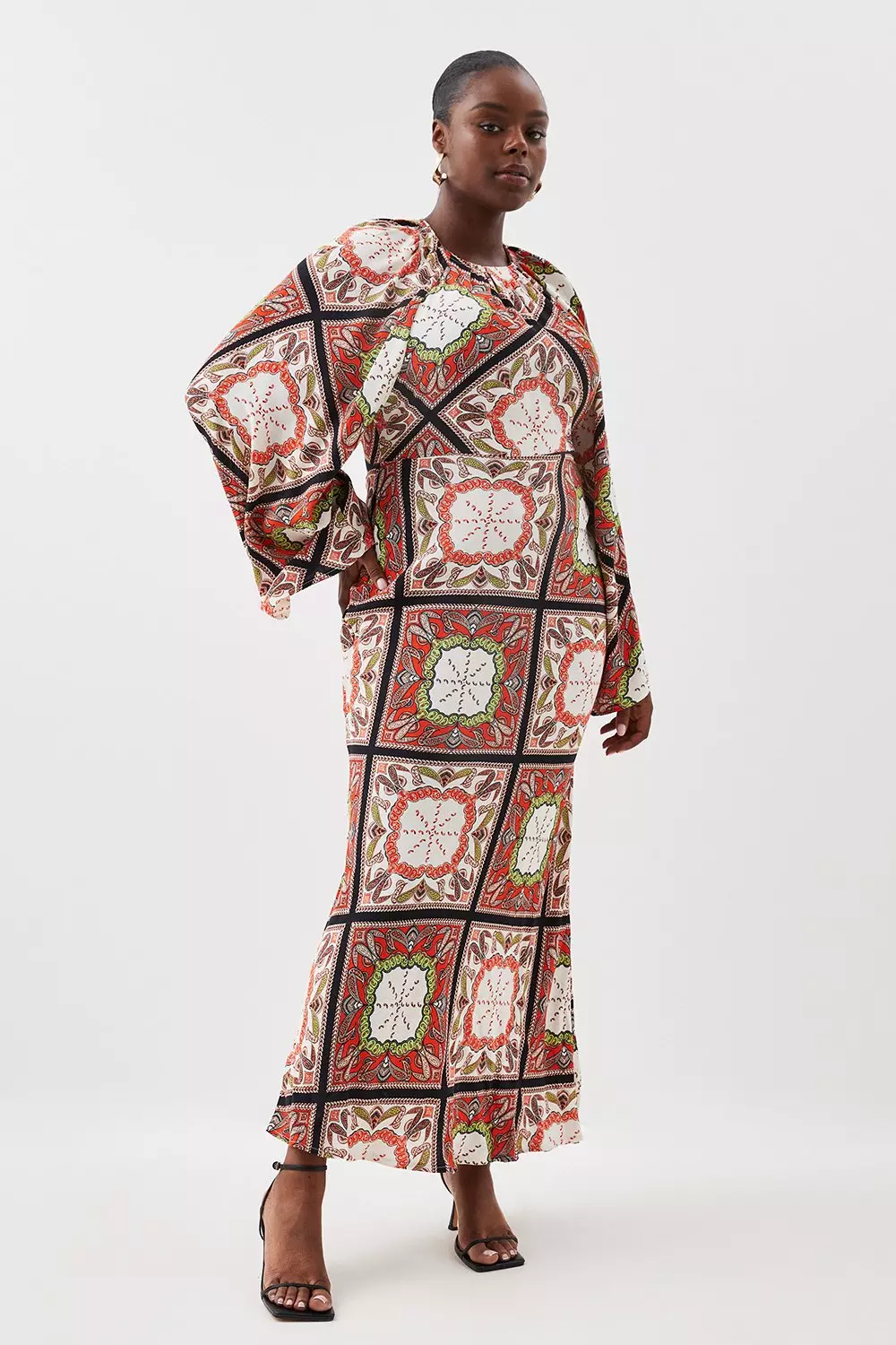 日本未入荷★Karen Millen パターン柄ショートワンピース Plus Size Tile Print Short Sleeve Batwing Midi Dress | Karen