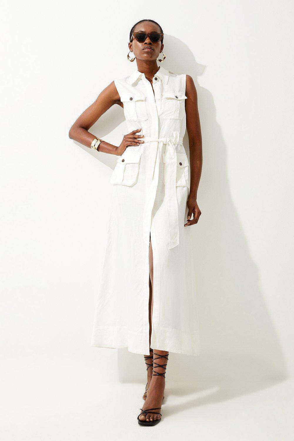 Viscose Linen Sleeveless Woven Maxi Shirt Dress | Karen Millen