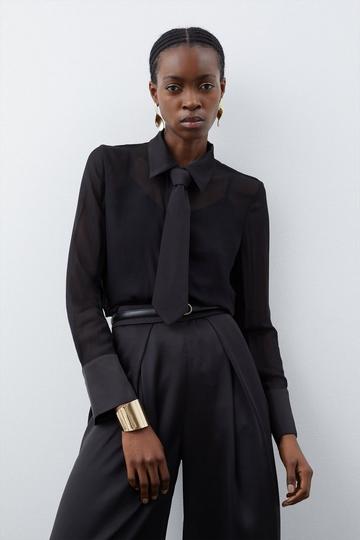 Viscose Georgette Sheer Woven Tie Detail Shirt black